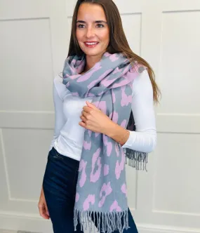 Grey Leopard Print Cashmere Blend Scarf